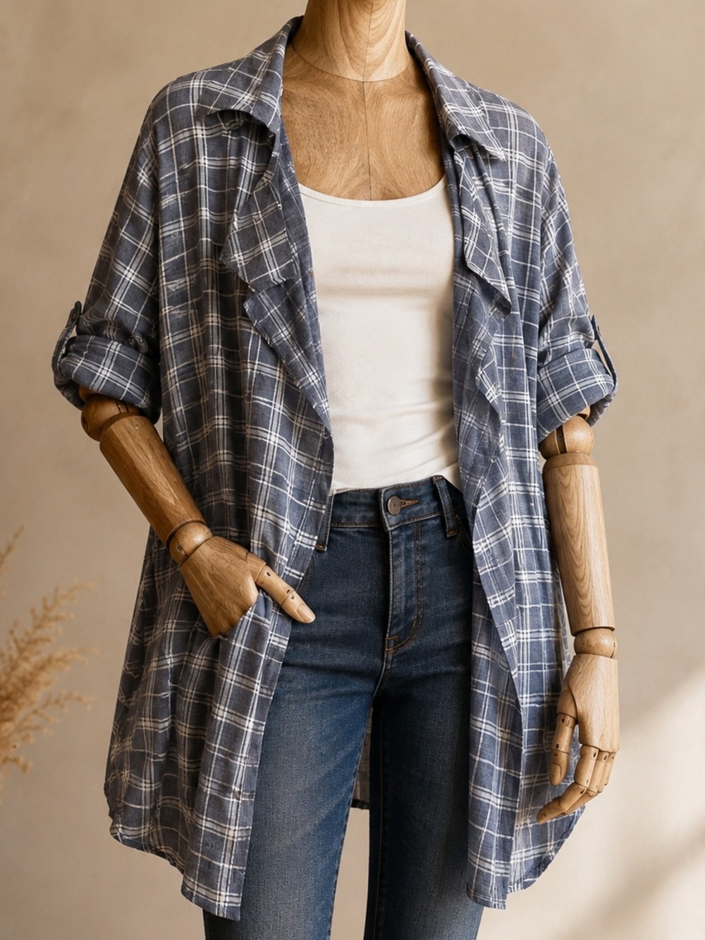 Plaid Flannel Waterfall Duster Cardigan Open Front Longline Shacket Sz M Blue